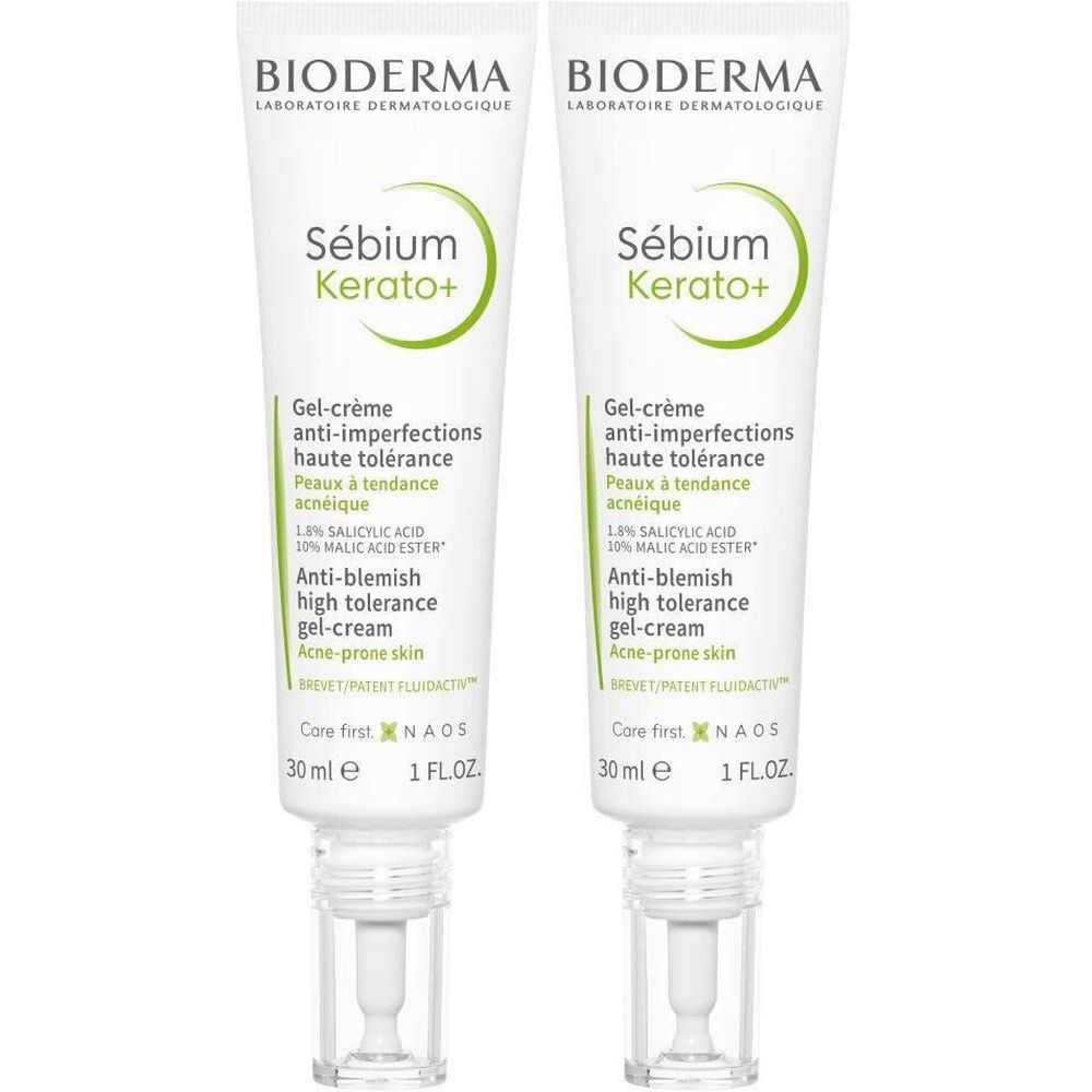Deux tubes de BIODERMA Sébium Kerato+ Gel-crème. Tubes blancs avec texte vert. Nom et détails du produit visibles.