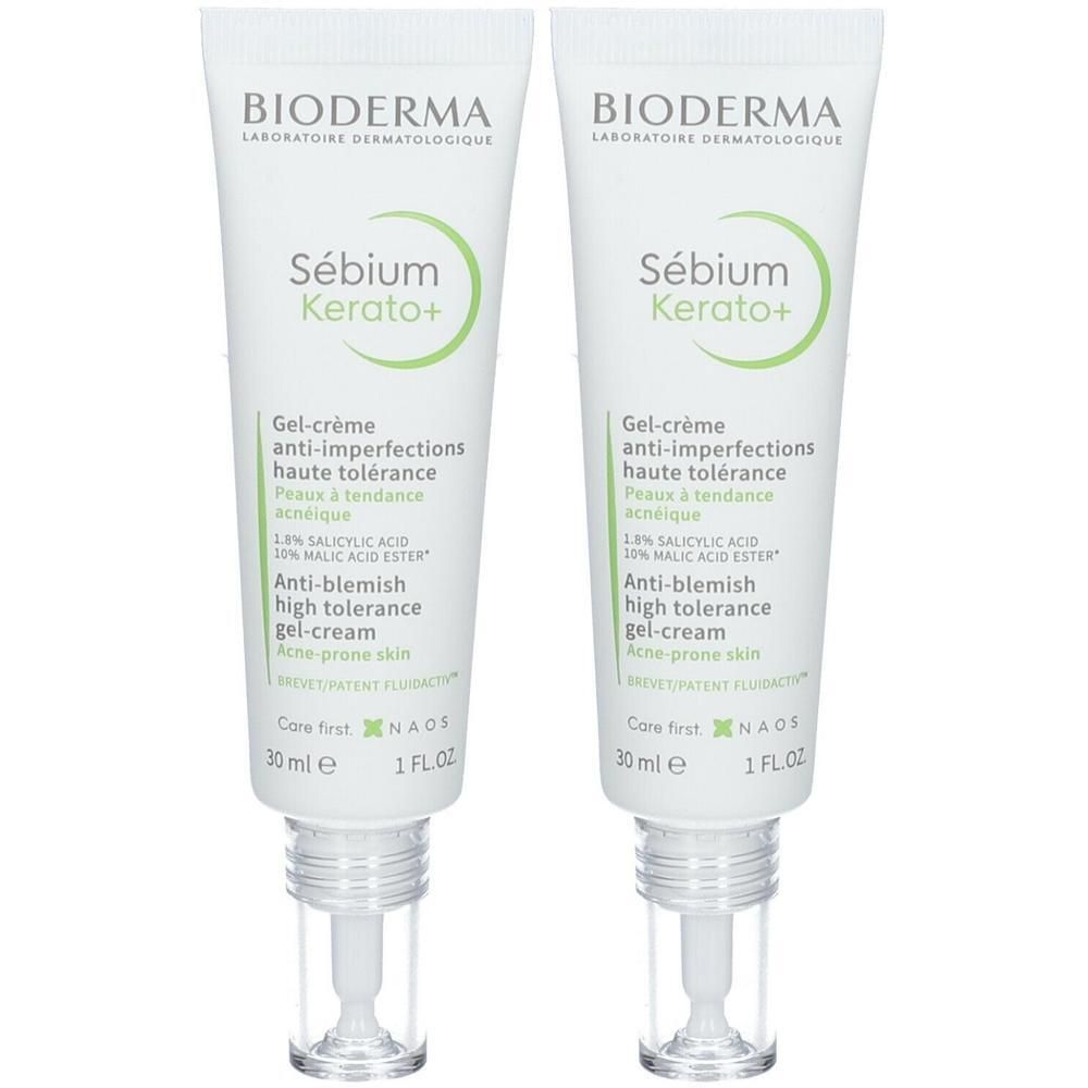 Deux tubes de BIODERMA Sébium Kerato+ Gel-crème. Tubes blancs avec texte vert. Nom et détails du produit visibles.
