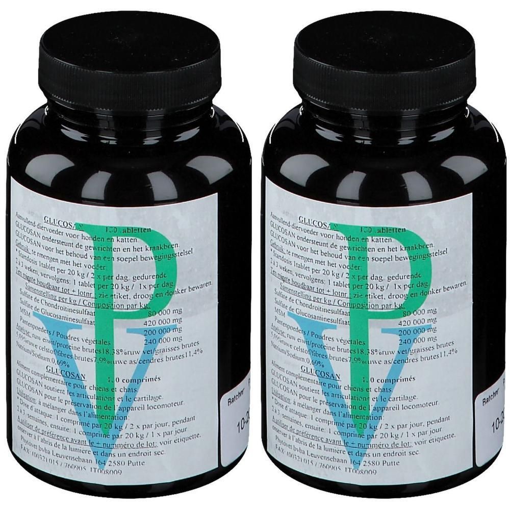 Deux flacons noirs avec étiquette blanche. Inscription GLUCOSAN et autres informations. Lettre verte P.