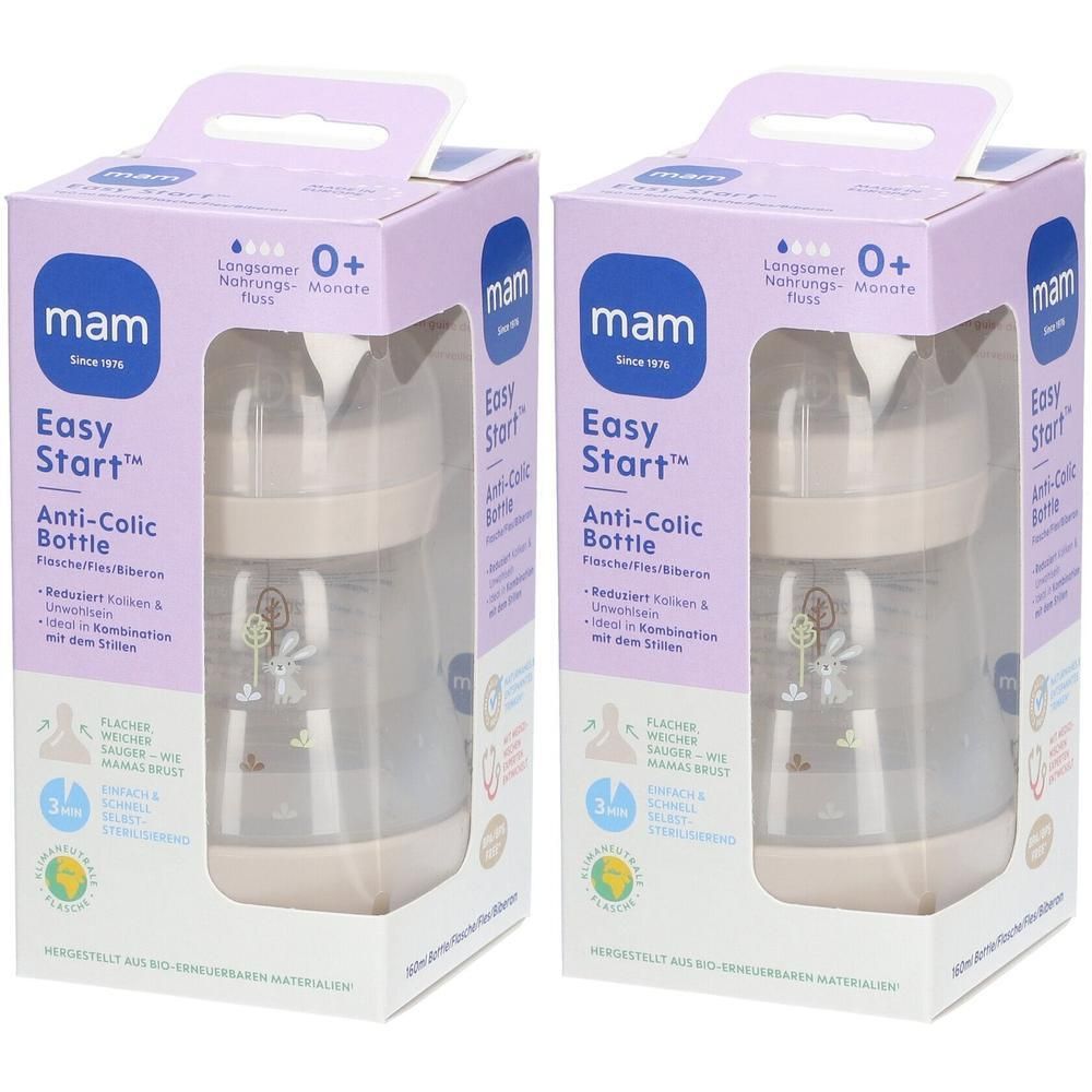 Deux biberons MAM Easy Start™ anti-coliques dans leur emballage. Biberons beiges, transparents. Emballage violet.