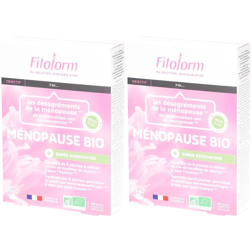 Deux boîtes de Fitoform Menopause Bio. Emballage rose avec texte et logo. Drapeau français et label bio.