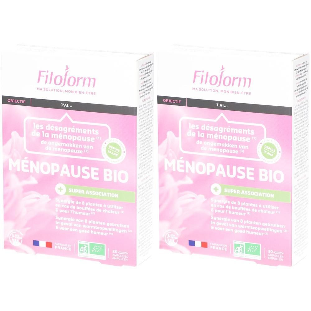 Deux boîtes de Fitoform Menopause Bio. Emballage rose avec texte et logo. Drapeau français et label bio.