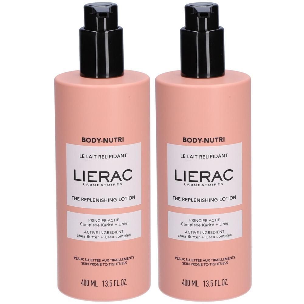 Deux flacons roses avec pompes noires. Inscription: LIERAC, BODY-NUTRI, Le Lait Relipidant, The Replenishing Lotion. 400 ml.