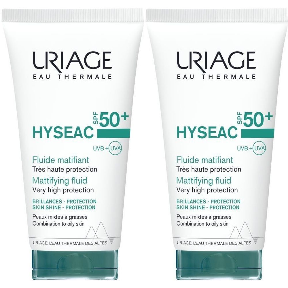 Deux tubes de Uriage Hyséac Fluide Matifiant SPF50+. Tubes blancs avec détails verts. Texte: Hyséac, SPF50+, Fluide matifiant.