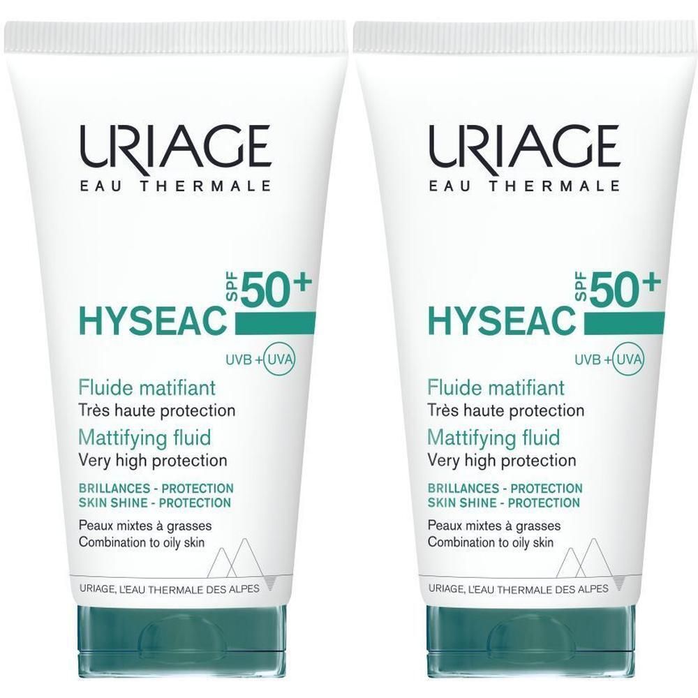 Deux tubes de Uriage Hyséac Fluide Matifiant SPF50+. Tubes blancs avec détails verts. Texte: Hyséac, SPF50+, Fluide matifiant.