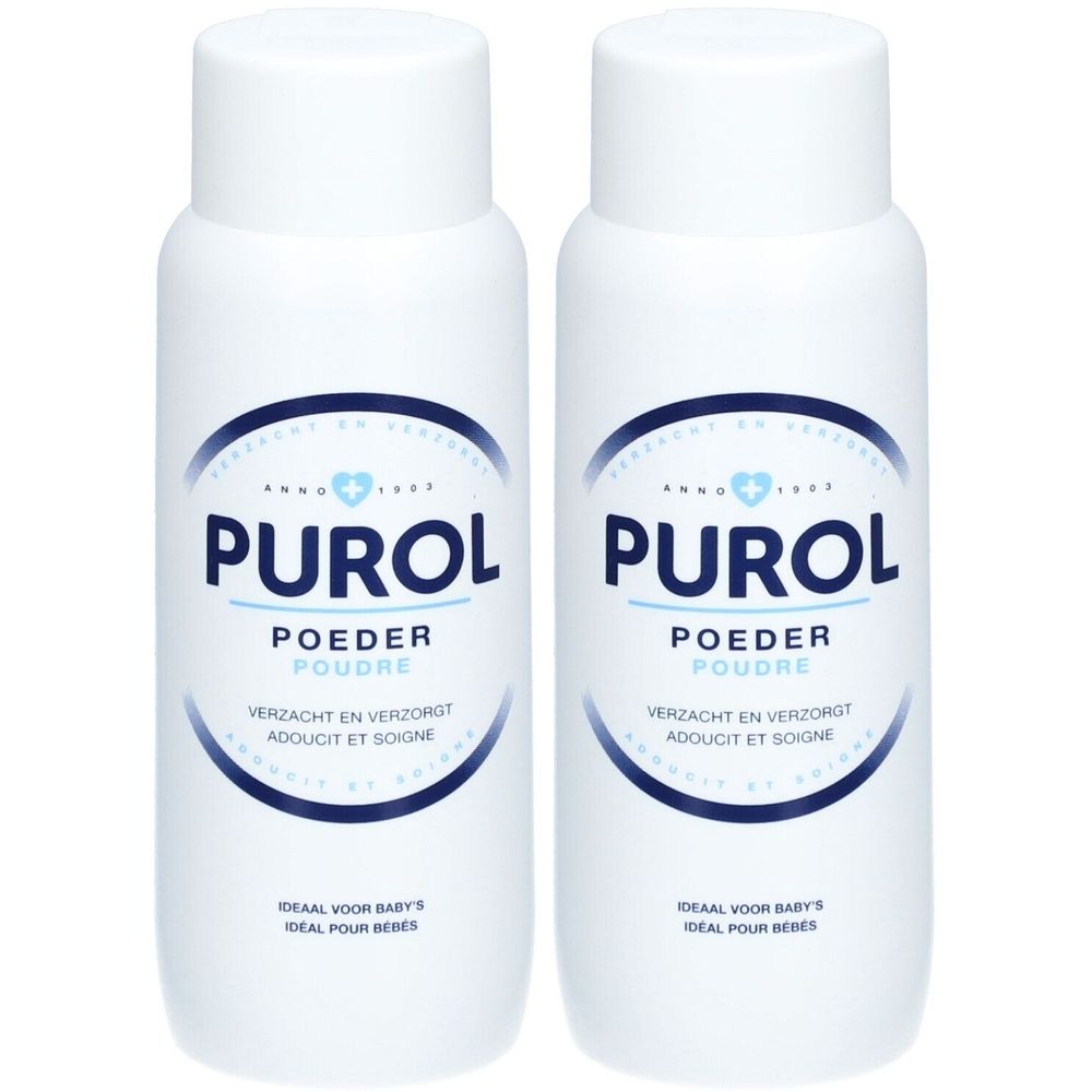 Deux flacons blancs de poudre PUROL. Inscriptions bleues: PUROL, POEDER, POUDRE. Texte: Verzacht en verzorgt, Adoucit et soigne.