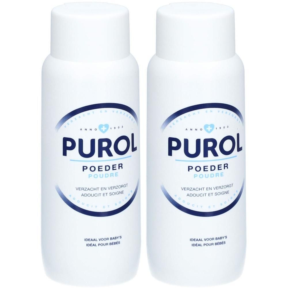 Deux flacons blancs de poudre PUROL. Inscriptions bleues: PUROL, POEDER, POUDRE. Texte: Verzacht en verzorgt, Adoucit et soigne.