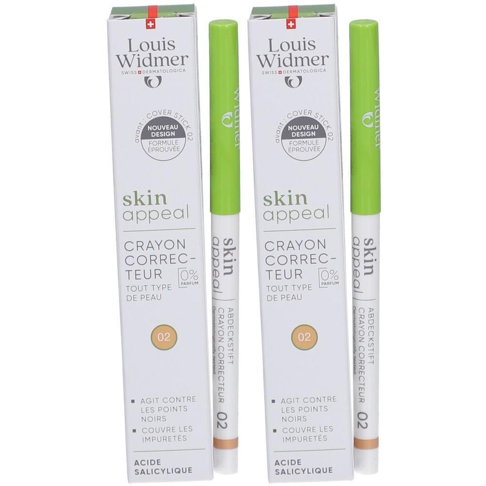 Deux Coversticks et leurs emballages. Sur les emballages, on lit "Louis Widmer Skin Appeal Coverstick 02". Les sticks sont verts et blancs.