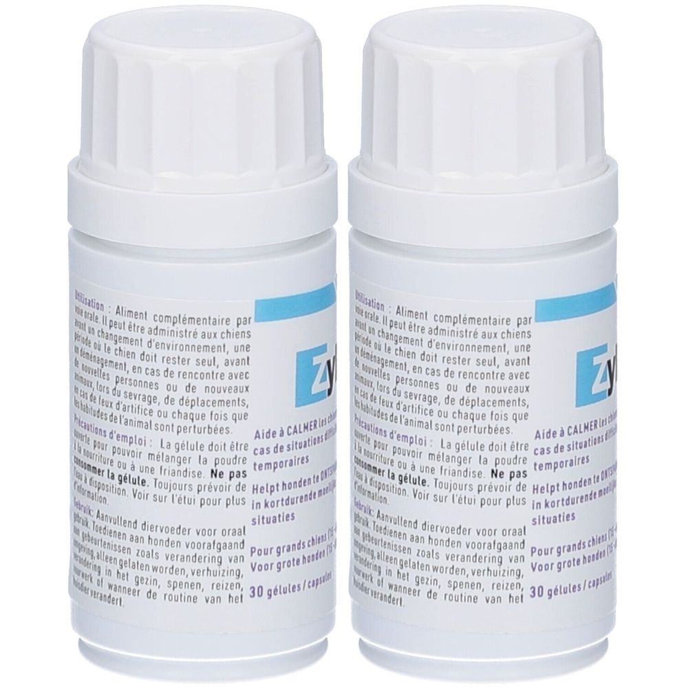 Deux flacons blancs de Zylkène® 450 mg. Étiquettes bleues avec texte. Bouchon à vis. 30 gélules par flacon.