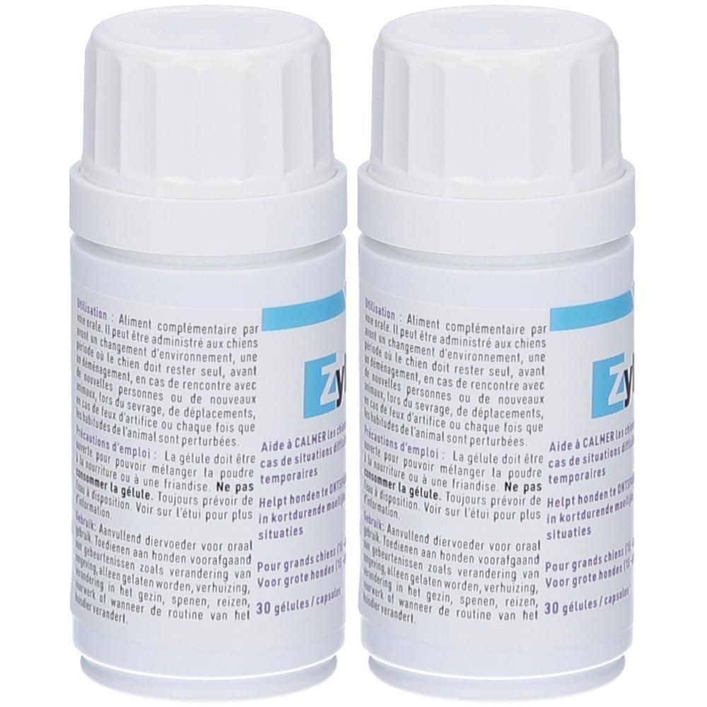 Deux flacons blancs de Zylkène® 450 mg. Étiquettes bleues avec texte. Bouchon à vis. 30 gélules par flacon.