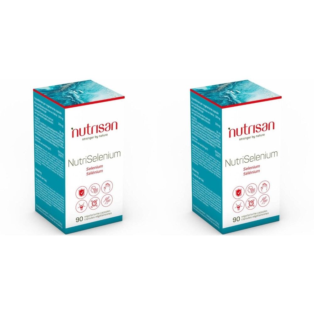 Deux boîtes de Nutrisan NutriSelenium. Emballage blanc et turquoise avec nom et symboles. 90 gélules.