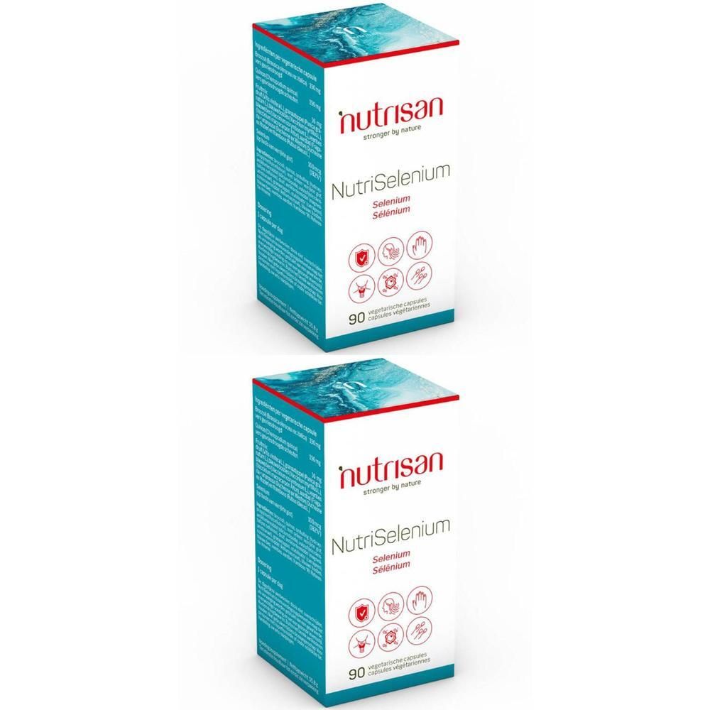 Deux boîtes de Nutrisan NutriSelenium. Emballage blanc et turquoise avec nom et symboles. 90 gélules.