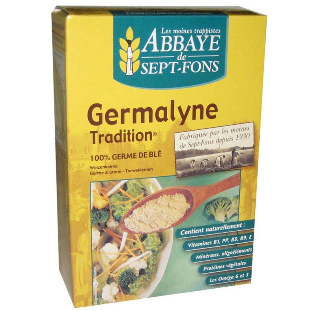 Boîte jaune "Germalyne Tradition". Contient des germes de blé. Image de légumes et cuillère avec produit.