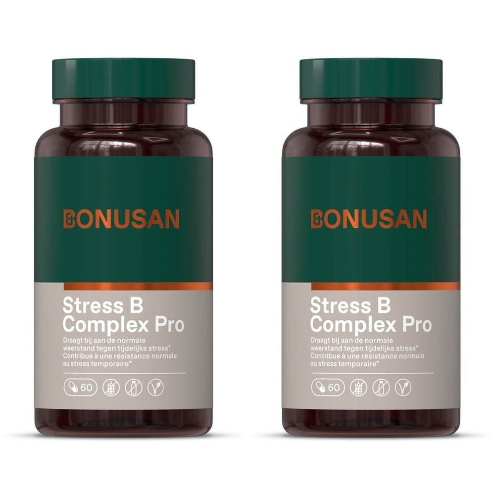 Deux flacons de Bonusan Stress B Complex Pro. Flacons bruns avec couvercles verts. Étiquettes avec texte.