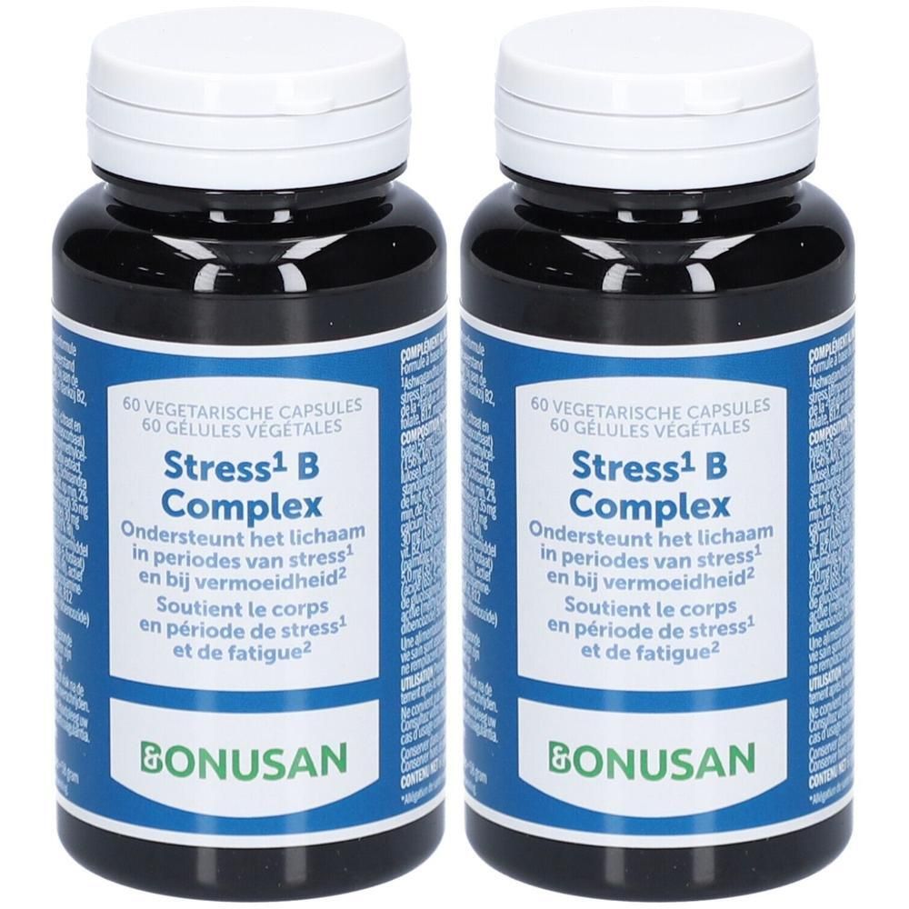 Deux flacons de Bonusan Stress B Complex. Flacons noirs avec couvercles blancs. Étiquettes bleues avec texte.