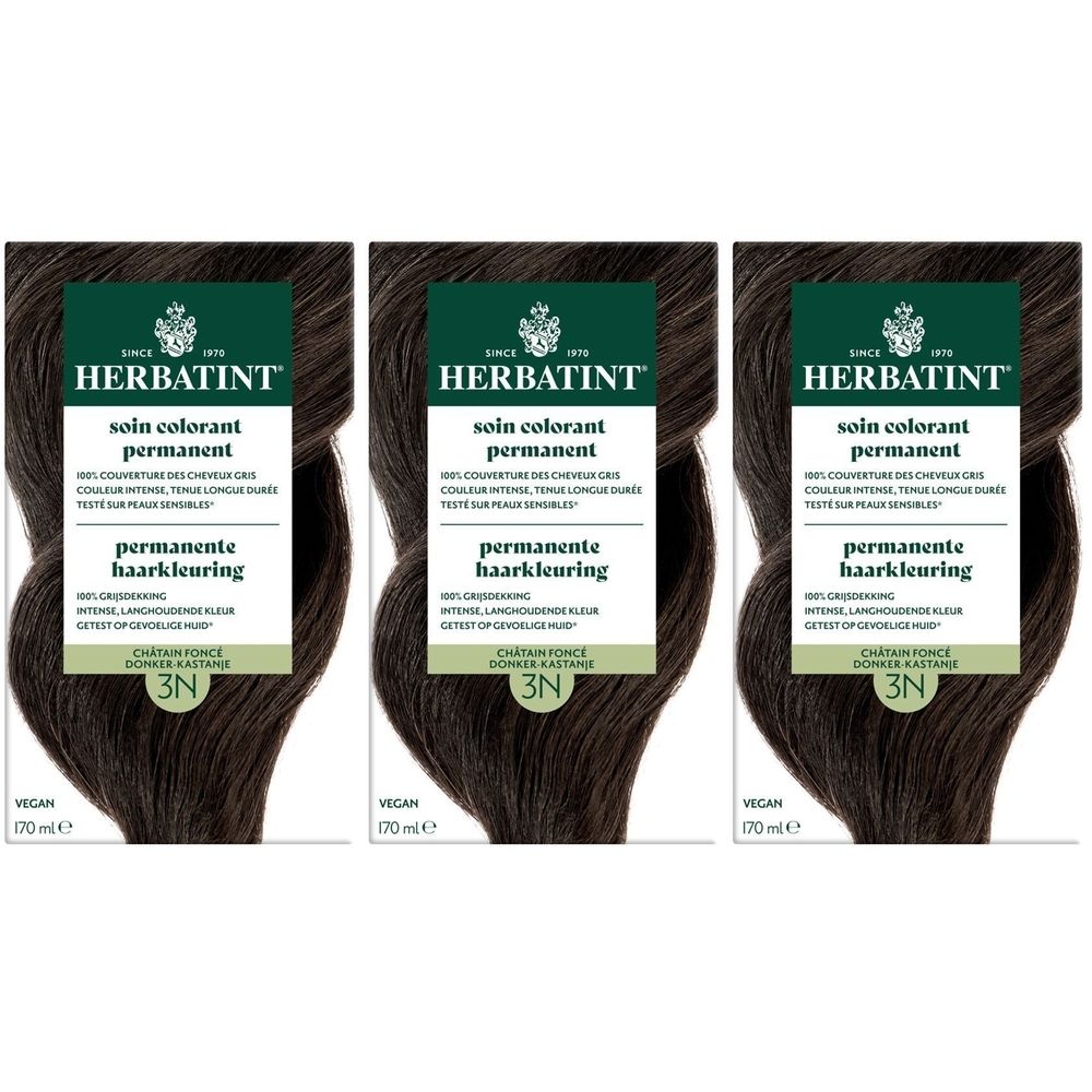 Trois boîtes Herbatint Soin Colorant Permanent 3N. Mèche de cheveux brun foncé. Vegan.
