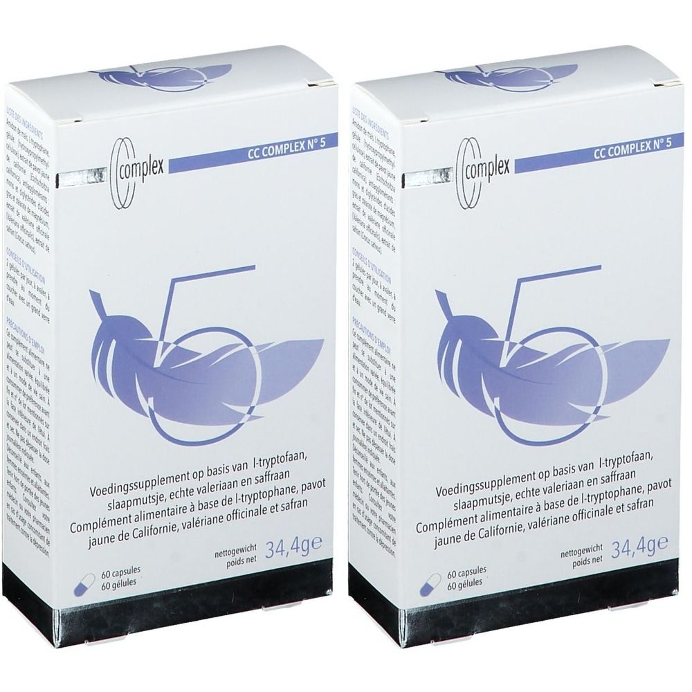 Deux boîtes rectangulaires avec informations produit et logo "CC complex". Inscriptions en néerlandais et français.