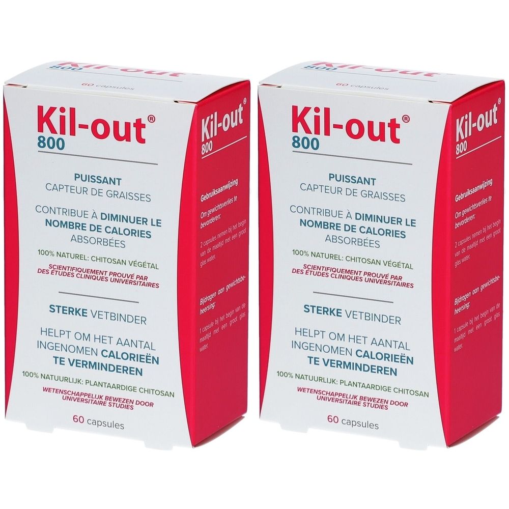Deux boîtes de Kil-Out® 800. Boîtes blanches avec texte rouge et logo. Texte en français et néerlandais.