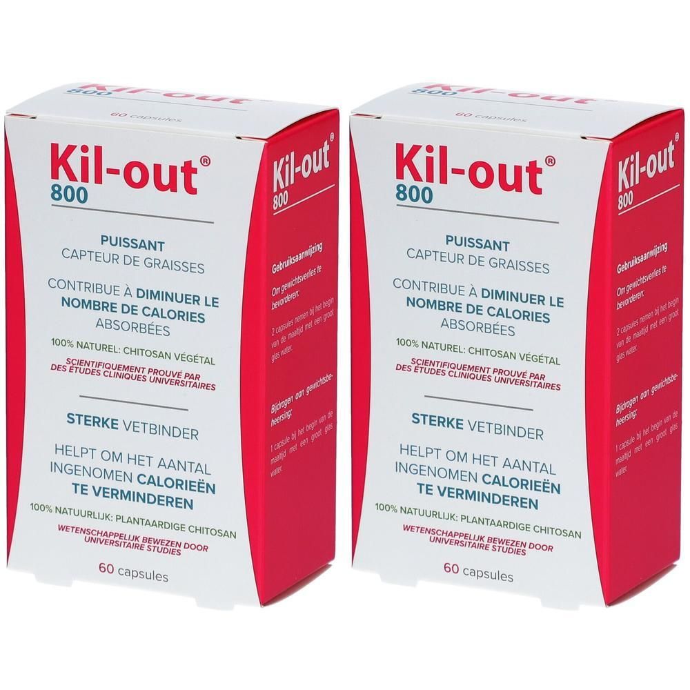 Deux boîtes de Kil-Out® 800. Boîtes blanches avec texte rouge et logo. Texte en français et néerlandais.