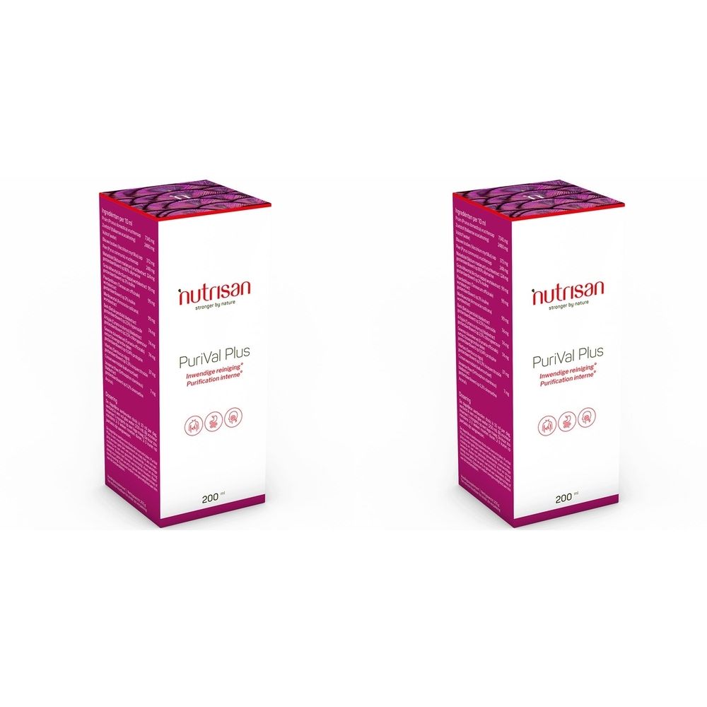 Deux boîtes blanches avec logo Nutrisan et texte Purival Plus. Accents roses et symboles.