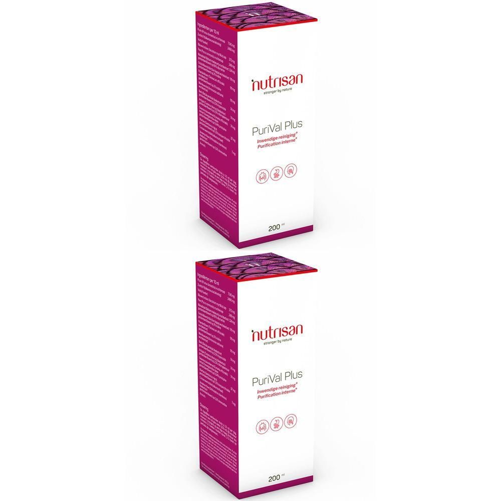 Deux boîtes blanches avec logo Nutrisan et texte Purival Plus. Accents roses et symboles.