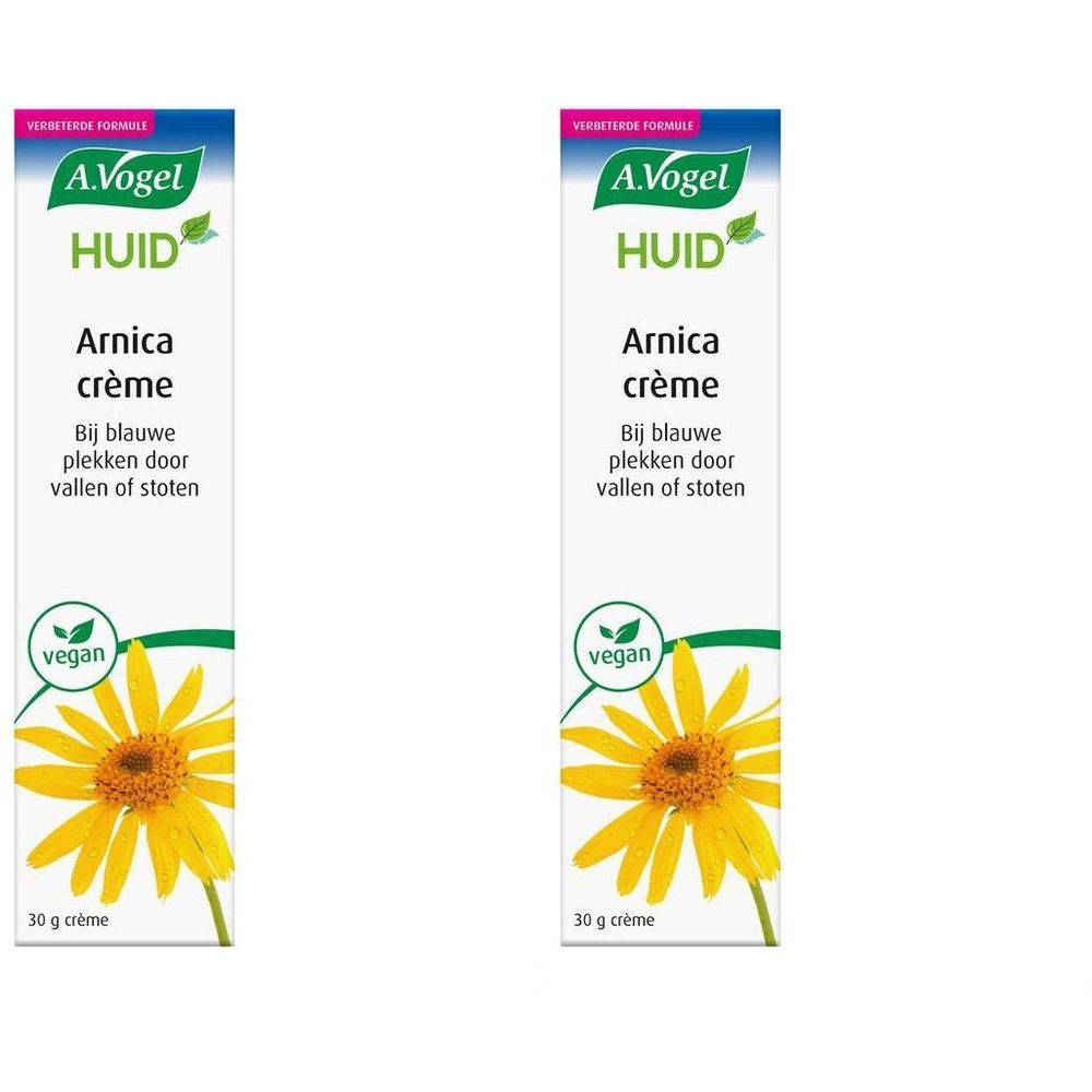 Deux tubes de Crème Arnica. Blanc, avec texte vert et jaune. Label vegan. Fleur jaune illustrée.