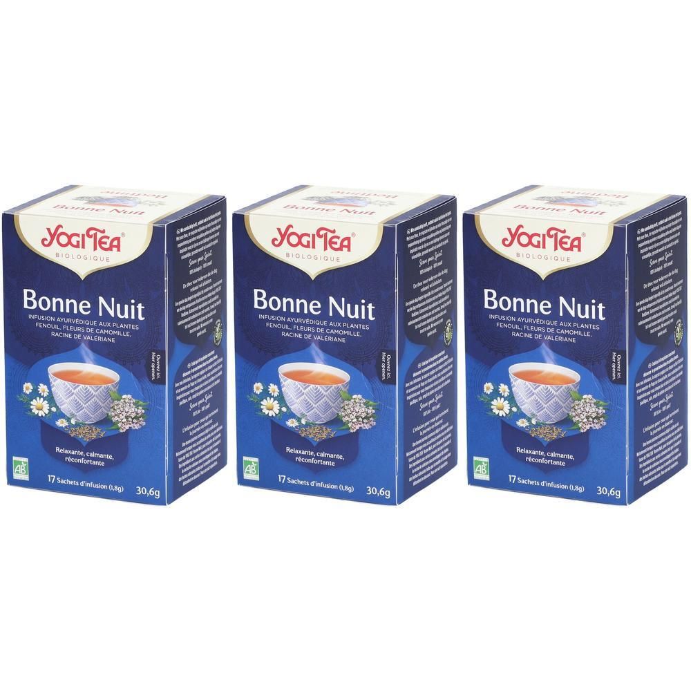 Trois boîtes bleues Yogi Tea® Bonne Nuit. Illustration : tasse de thé, fleurs, 17 sachets, 30,6g. Label bio.