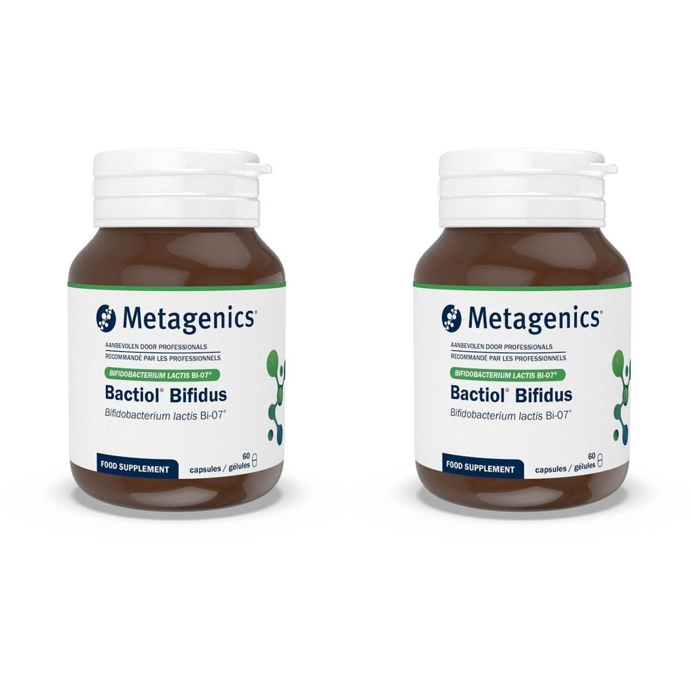 Deux flacons marron avec bouchons blancs. Inscription : Metagenics, Bactiol Bifidus. Complément alimentaire.