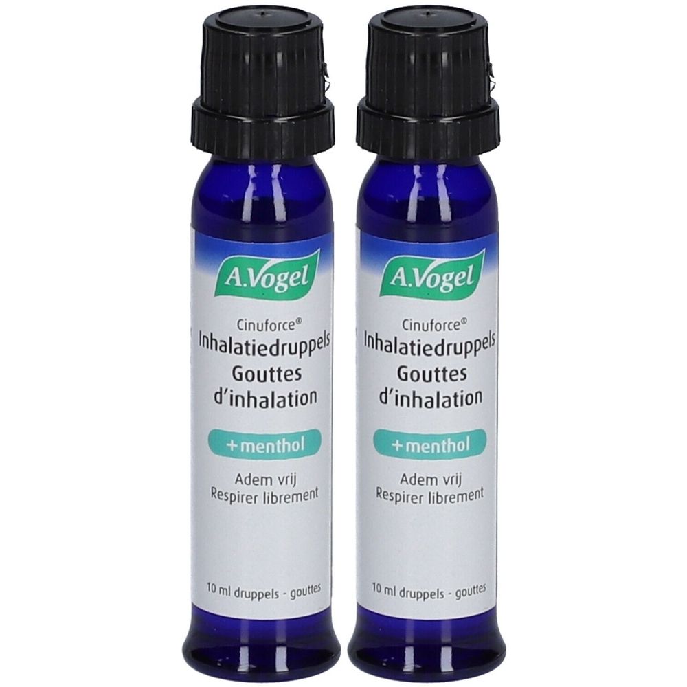 Deux flacons bleus avec bouchons noirs. Inscription: A.Vogel Cinuforce Gouttes d'inhalation + menthol.