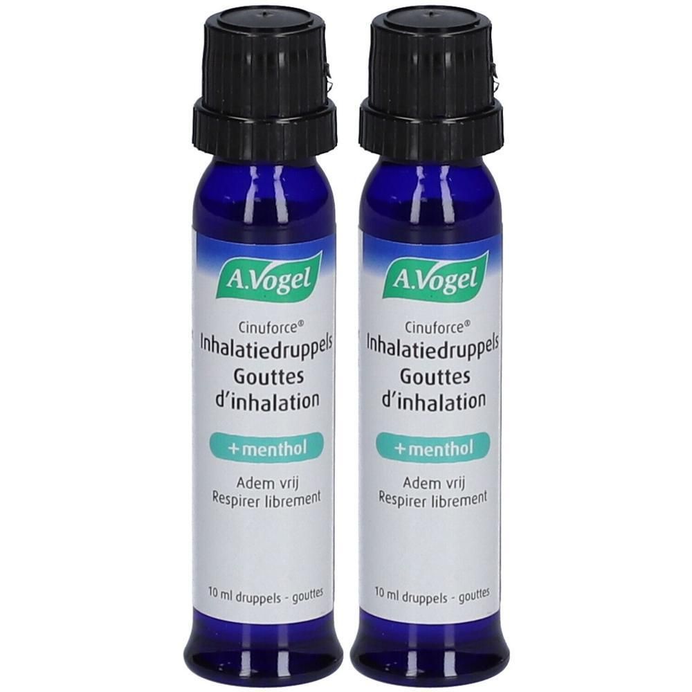 Deux flacons bleus avec bouchons noirs. Inscription: A.Vogel Cinuforce Gouttes d'inhalation + menthol.