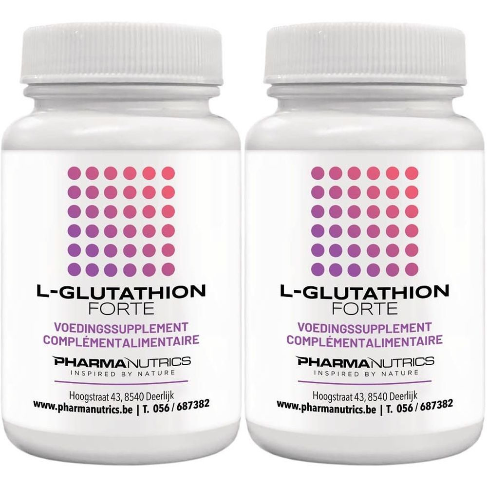 Deux flacons blancs avec des points violets et rouges et l'inscription L-Glutathion Forte. Texte en français et néerlandais.