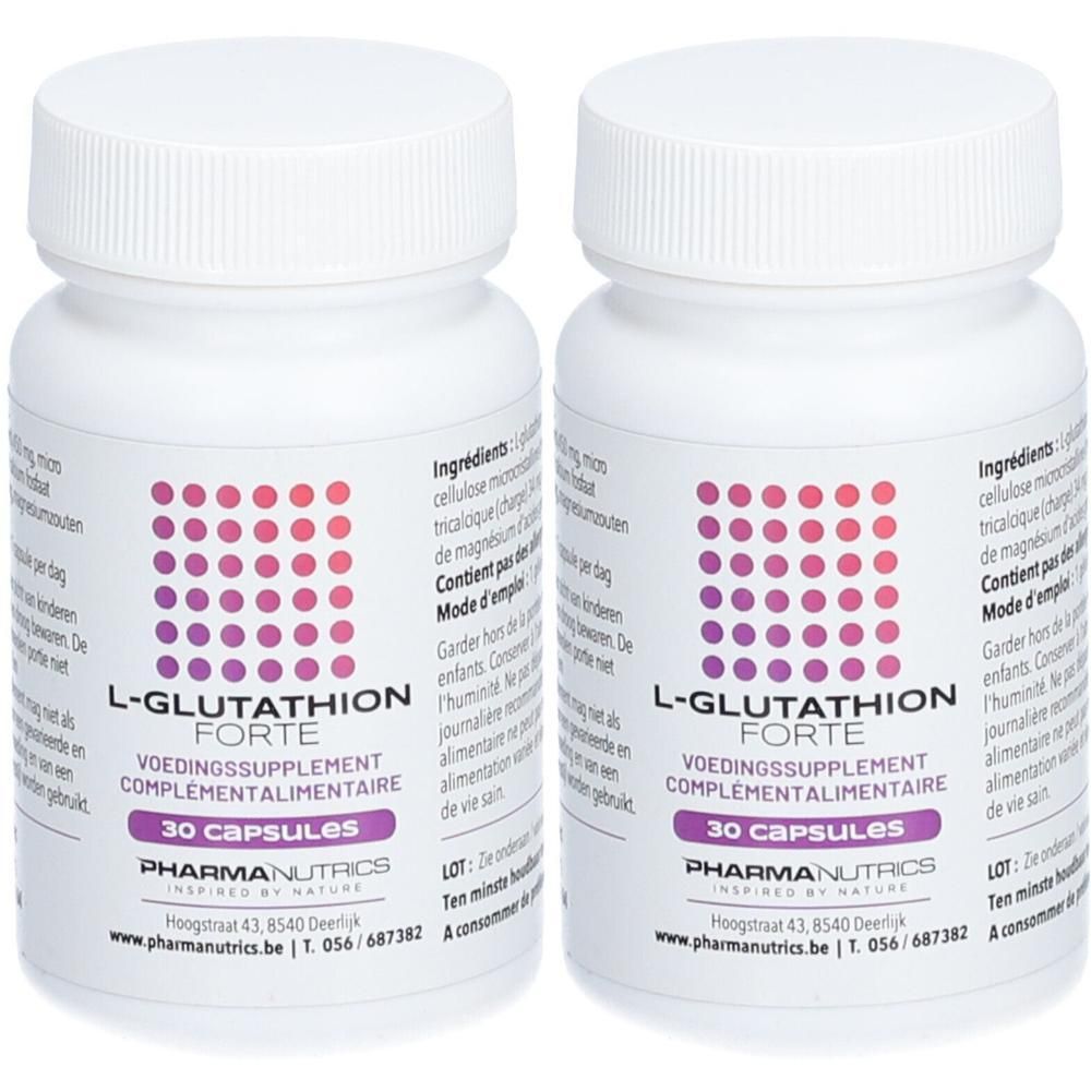 Deux flacons blancs avec des points violets et rouges et l'inscription L-Glutathion Forte. Texte en français et néerlandais.