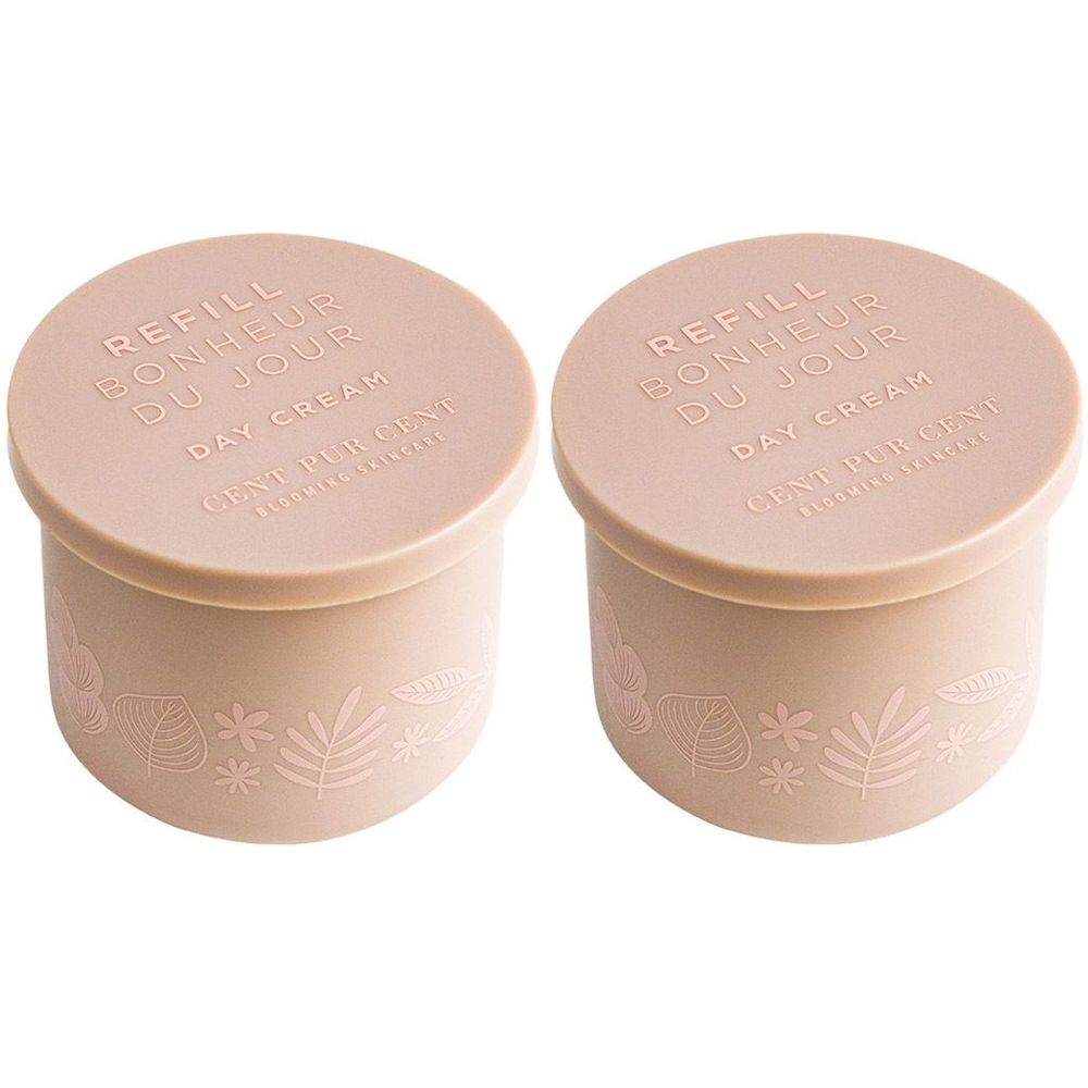 Deux contenants beiges avec couvercles. Inscription "REFILL BONHEUR DU JOUR" sur le couvercle.