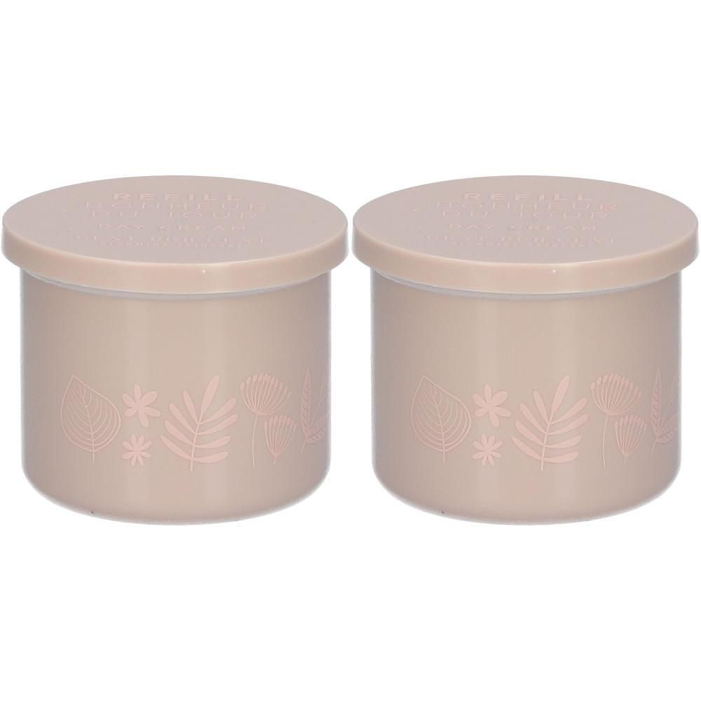 Deux contenants beiges avec couvercles. Motifs de feuilles et fleurs sur le devant.