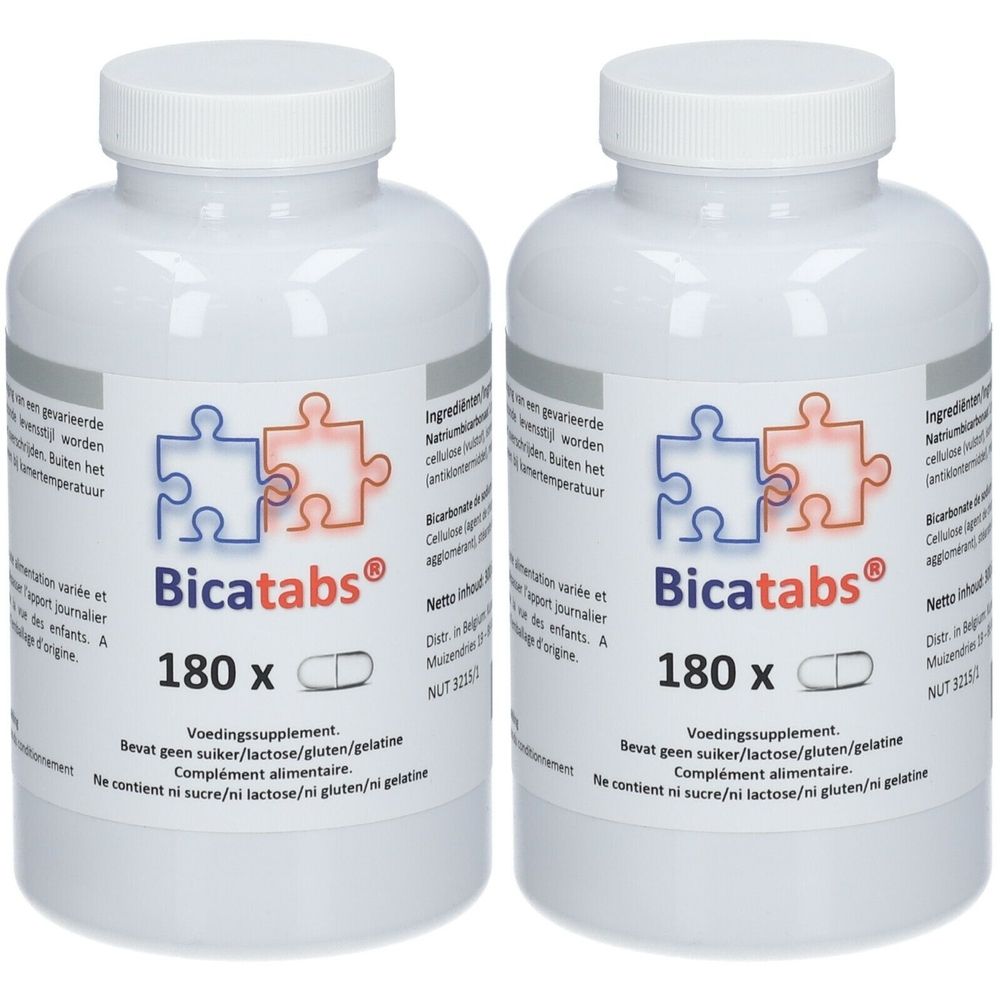 Deux flacons blancs avec bouchons à vis. Étiquette avec nom Bicatabs, 180 comprimés et pictogramme.