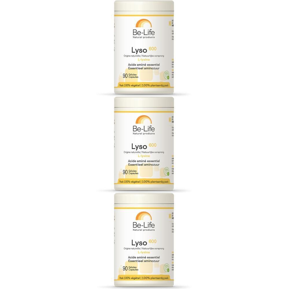 Trois boîtes de "Lyso 600" avec étiquette jaune. Inscription: "Be-Life", "90", "Acide aminé essentiel".