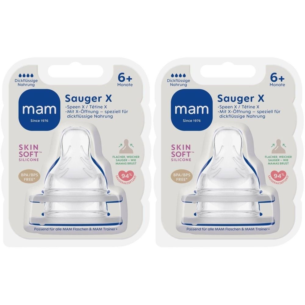 Deux tétines MAM X, 6+ mois, emballées. Silicone, sans BPA/BPS. Spécialement pour aliments épais.