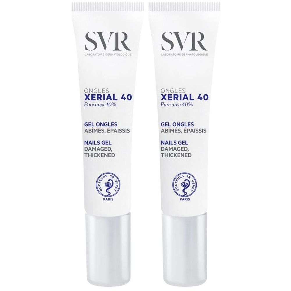 Deux tubes blancs. SVR en haut, Xérial 40 Ongles en dessous. Texte: Gel Ongles Abîmés, Épaissis. Logo.