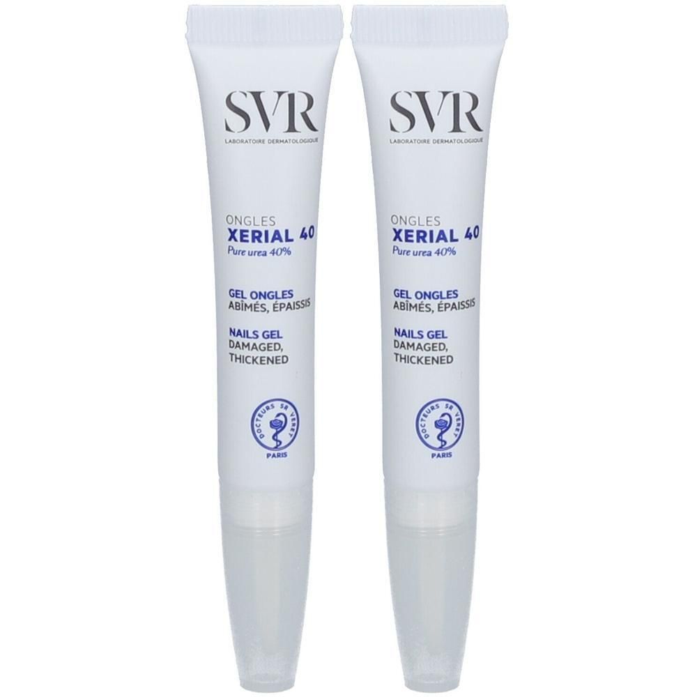 Deux tubes blancs. SVR en haut, Xérial 40 Ongles en dessous. Texte: Gel Ongles Abîmés, Épaissis. Logo.