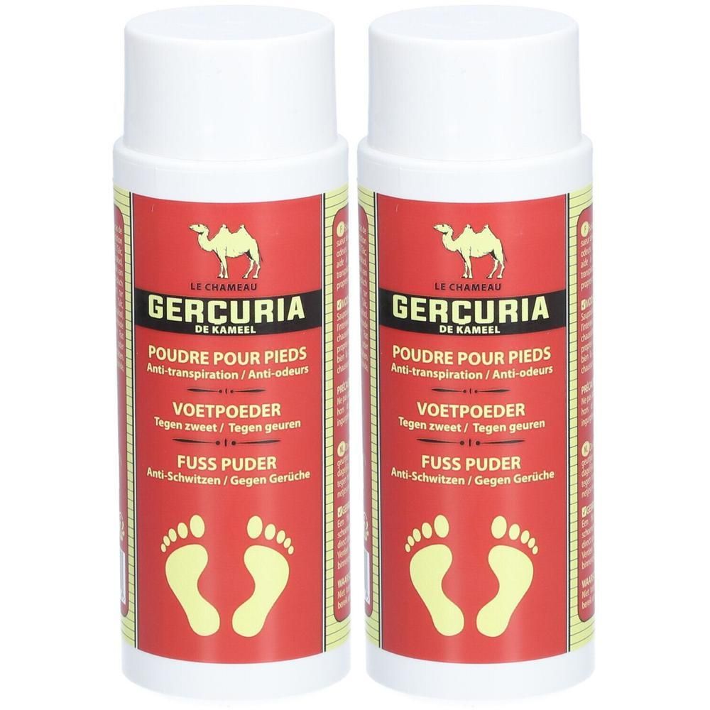 Deux flacons blancs avec étiquette rouge. Inscription: GERCURIA, POUDRE POUR PIEDS, poudre pour les pieds. Logo chameau.