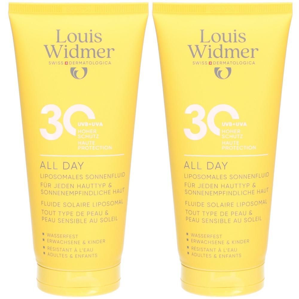 Deux tubes jaunes Louis Widmer All Day SPF30. Inscription: 30, UVA/UVB, haute protection. Fluide solaire.