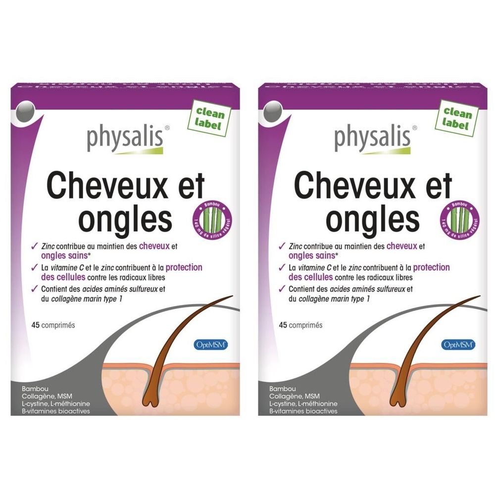 Deux boîtes de "physalis" Cheveux et ongles. Boîtes violettes et blanches avec informations produit et schéma cheveux/ongles.