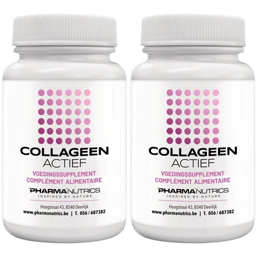 Deux flacons blancs avec bouchons à vis. Inscription : COLLAGEEN ACTIEF, VOEDINGSSUPPLEMENT, COMPLÉMENT ALIMENTAIRE. Marque PHARMANUTRICS.