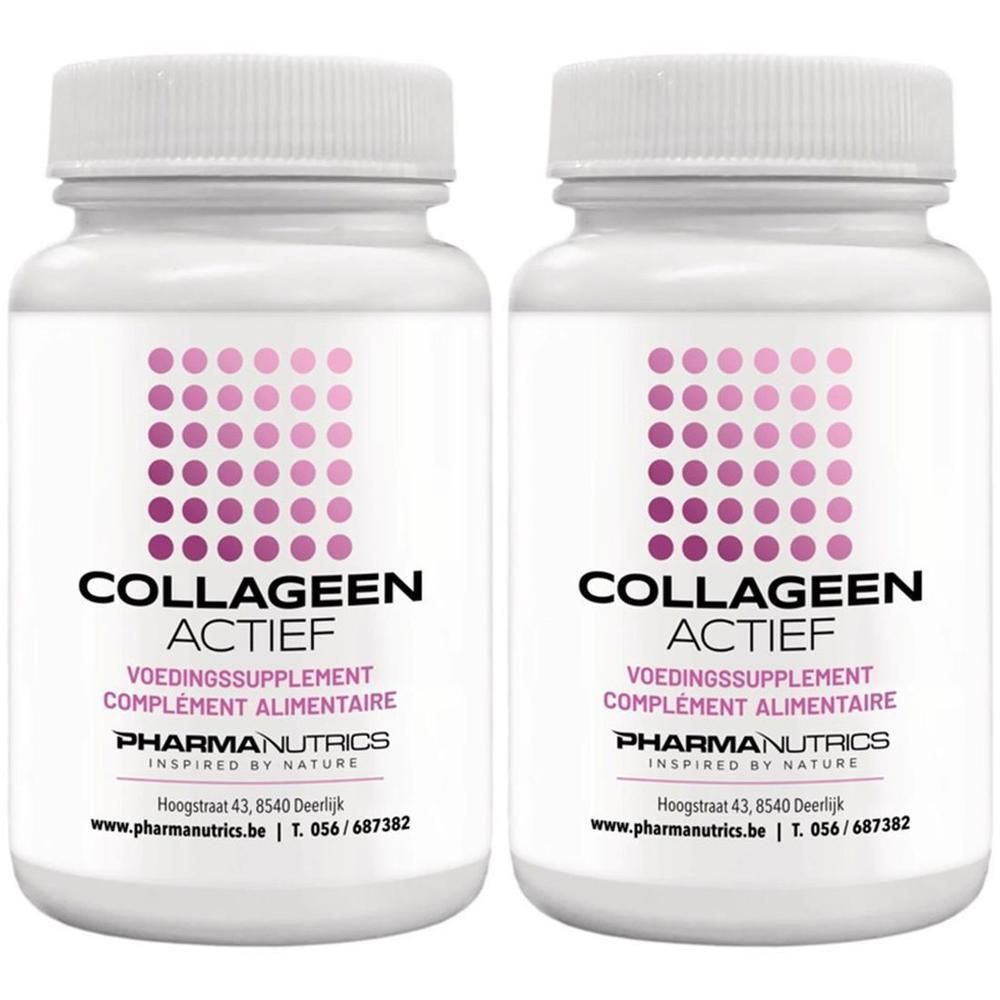 Deux flacons blancs avec bouchons à vis. Inscription : COLLAGEEN ACTIEF, VOEDINGSSUPPLEMENT, COMPLÉMENT ALIMENTAIRE. Marque PHARMANUTRICS.