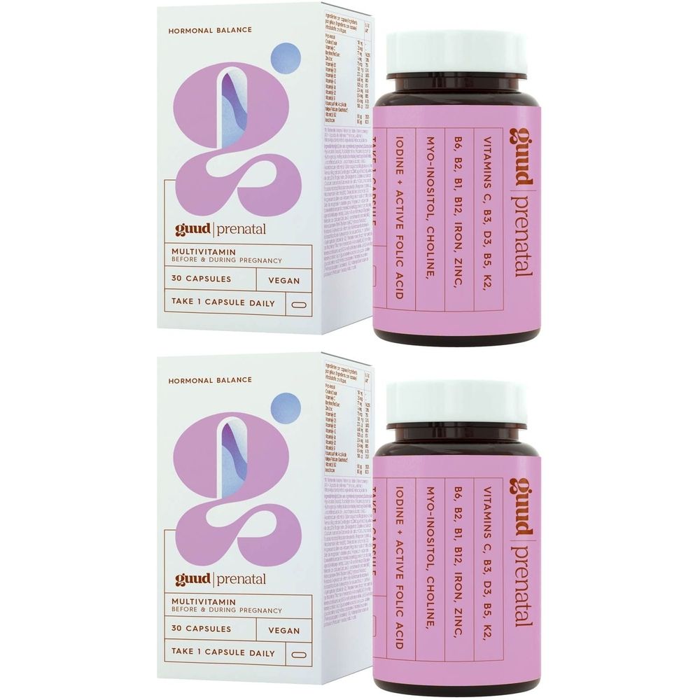Deux packs "guud prenatal" avec flacons et boîtes. Flacons avec inscription : vitamines, "Iodine + Active Folic Acid".