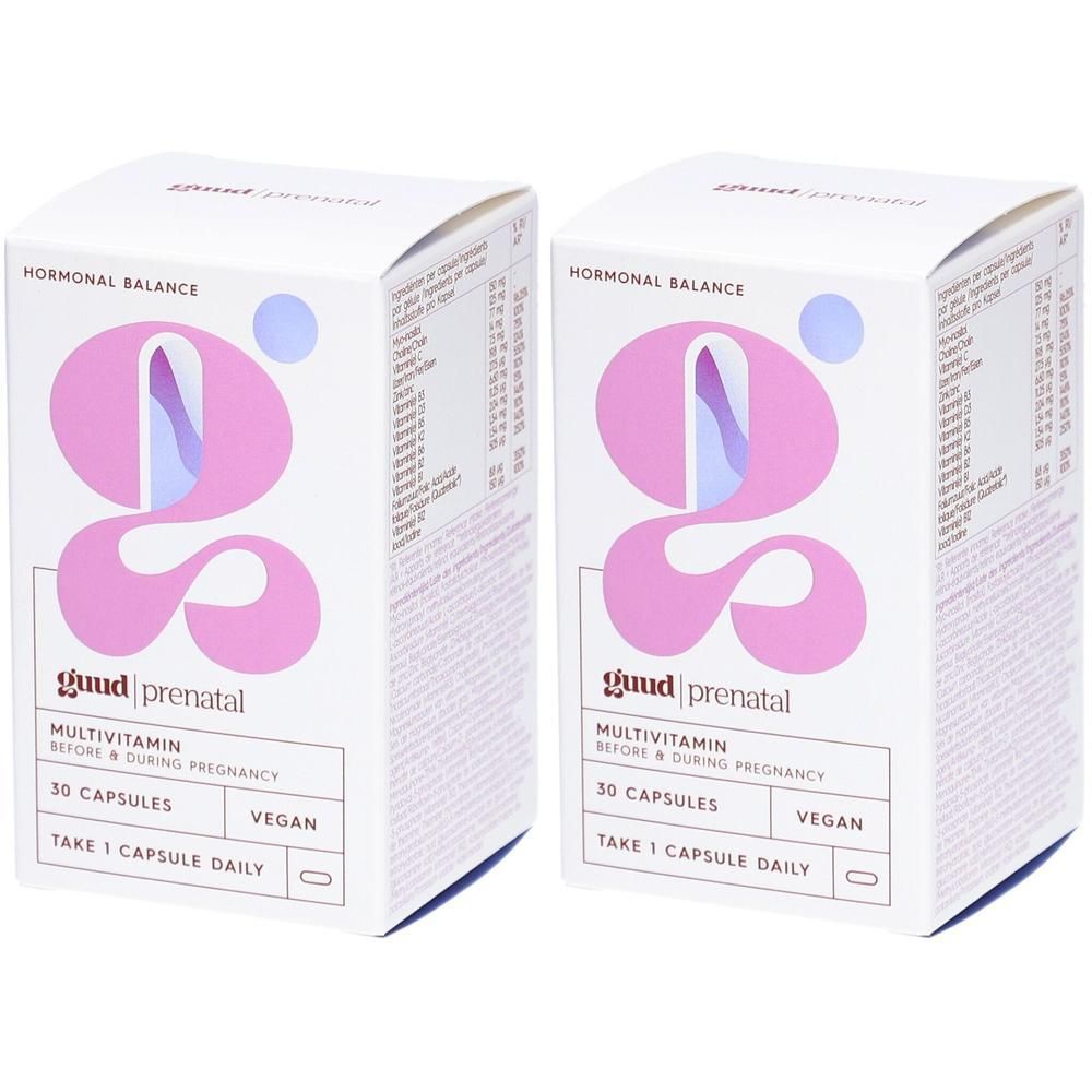 Deux boîtes de multivitamines "guud prenatal". Inscription : "Équilibre hormonal", "30 gélules", "Vegan".