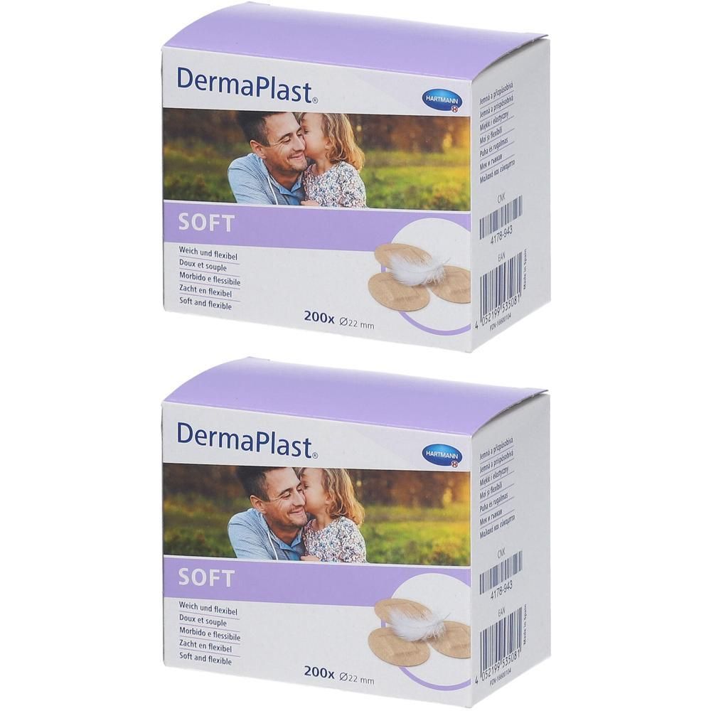 Deux boîtes DermaPlast Soft, 200 unités, 22 mm. Inscription: Soft, doux et flexible. Image: père et enfant.