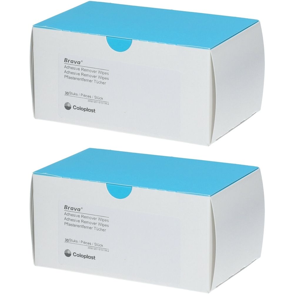 Deux boîtes de Coloplast Brava® Adhesive Remover Wipes. Blanches avec couvercle bleu. Texte: Brava®, Coloplast.