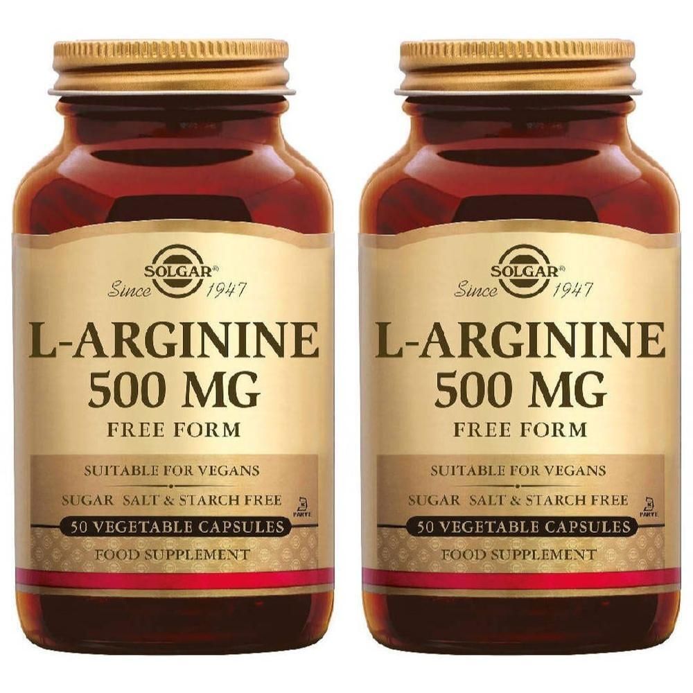 Deux flacons de Solgar L-Arginine 500 mg. Flacons en verre brun avec bouchons dorés et étiquettes. Contient 50 gélules.