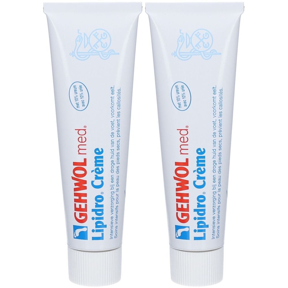 Deux tubes de Gehwol med. Lipidro Crème. Tubes blancs avec texte et logo bleus. Inscription: Soin intensif pour peau sèche.